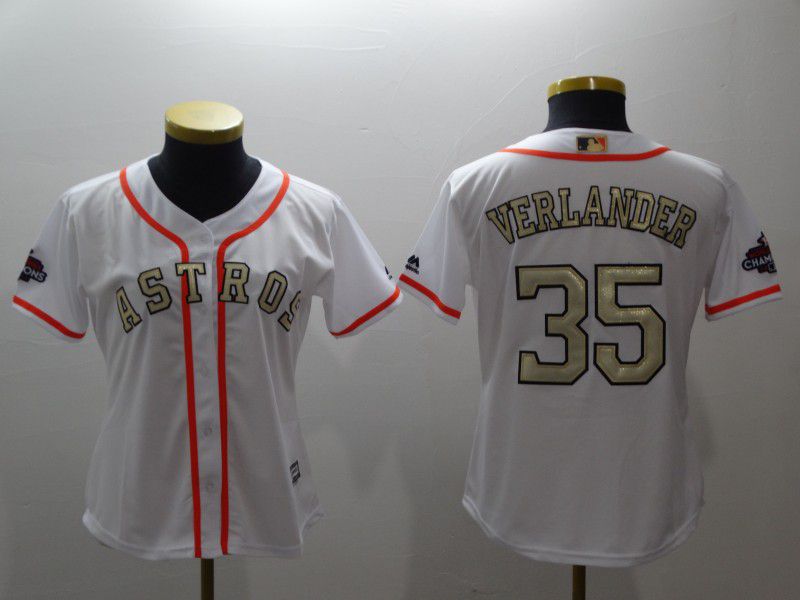 Women Houston Astros #35 Verlander White Gold version MLB Jerseys->women mlb jersey->Women Jersey
